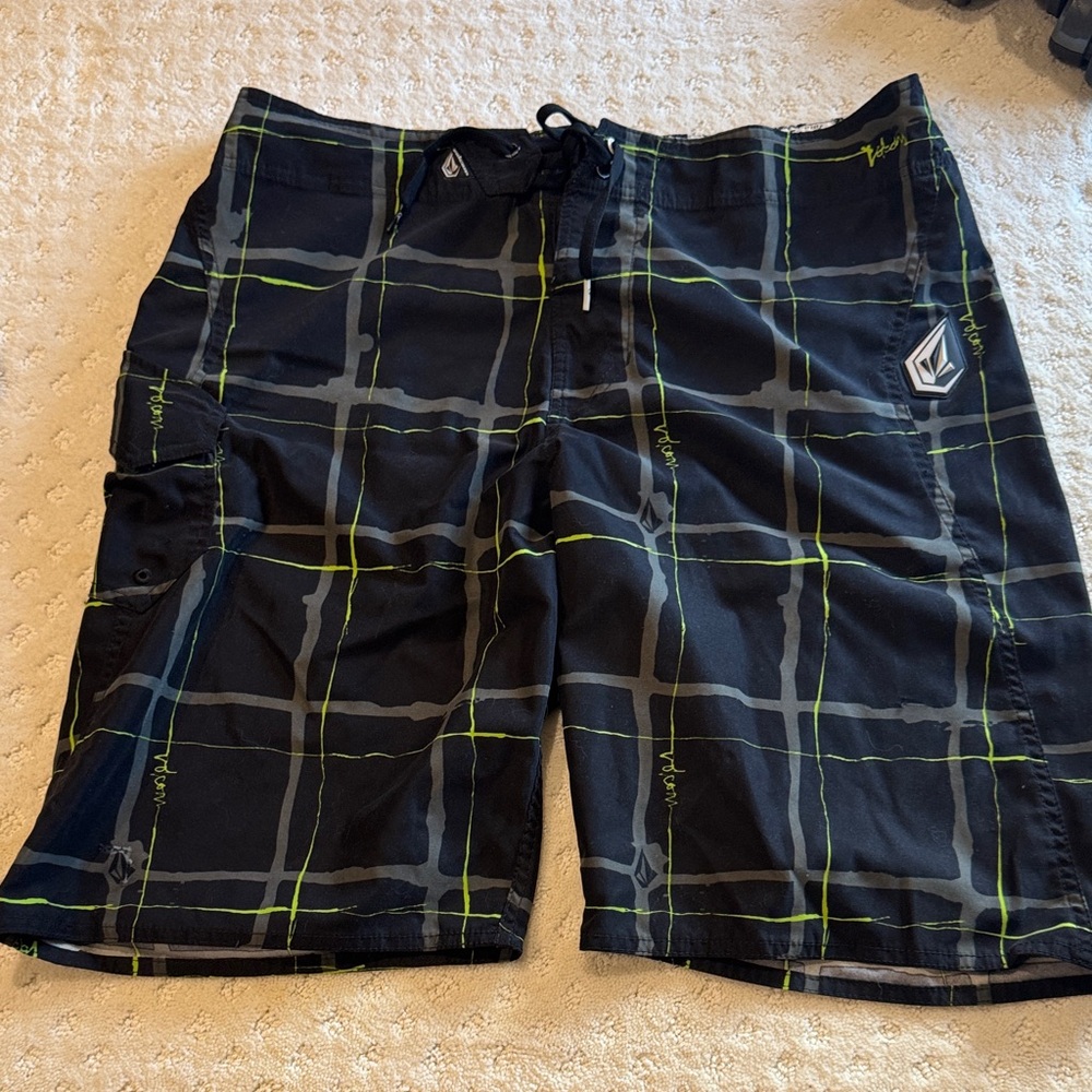 Volcom Men's Black and Neon Green Plaid Board Shorts
